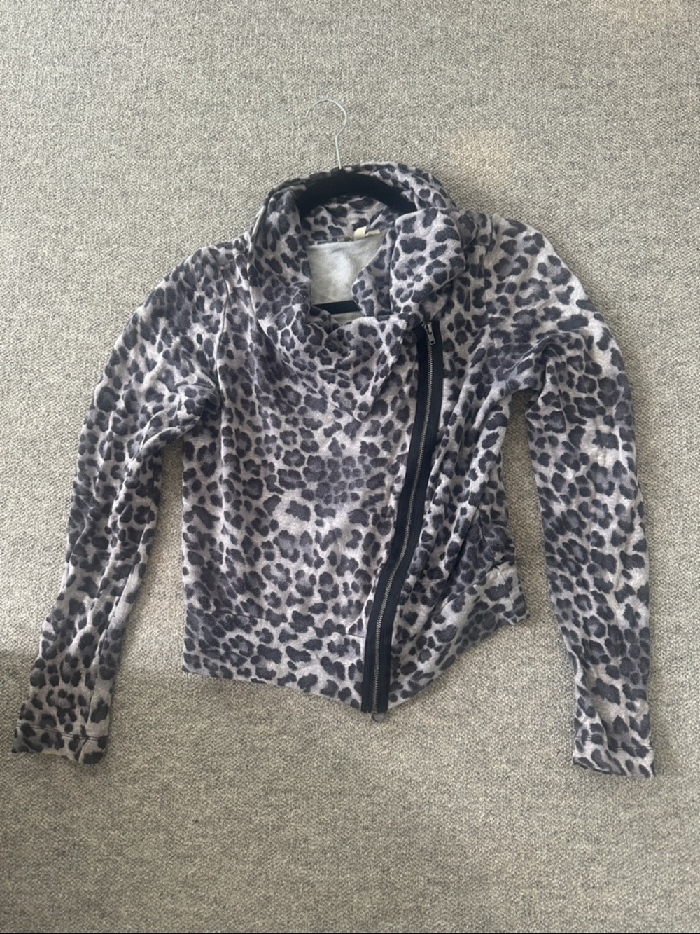 Bordeaux Gray Leopard Print Asymmetrical Zip Bomber Jacket